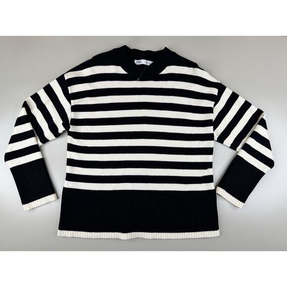 Zara Black White Breton Striped Sweater Women’s S Crewneck Paris Oversized Knit - Picture 1 of 10